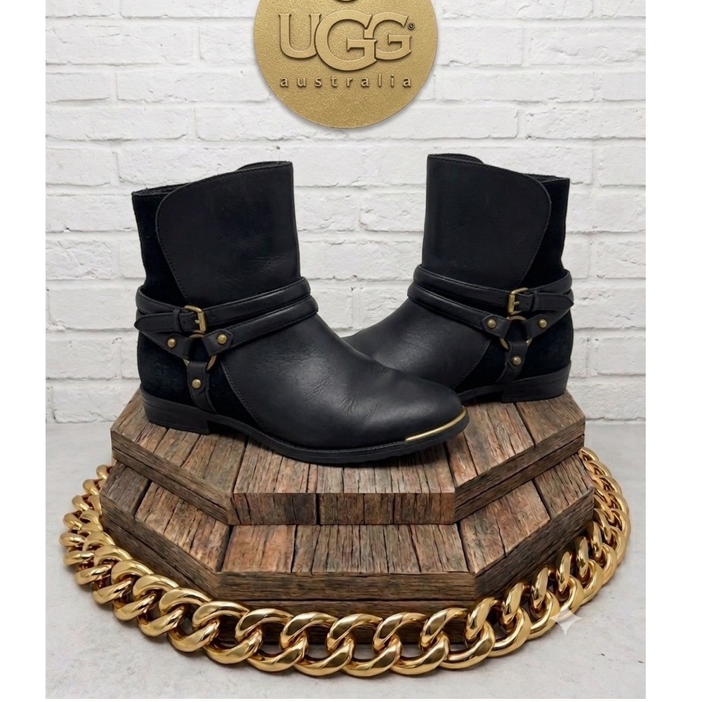 UGG Simmens Black Leather Suede Moto Harness Ankle Boots 1017363 Womens 8.5
